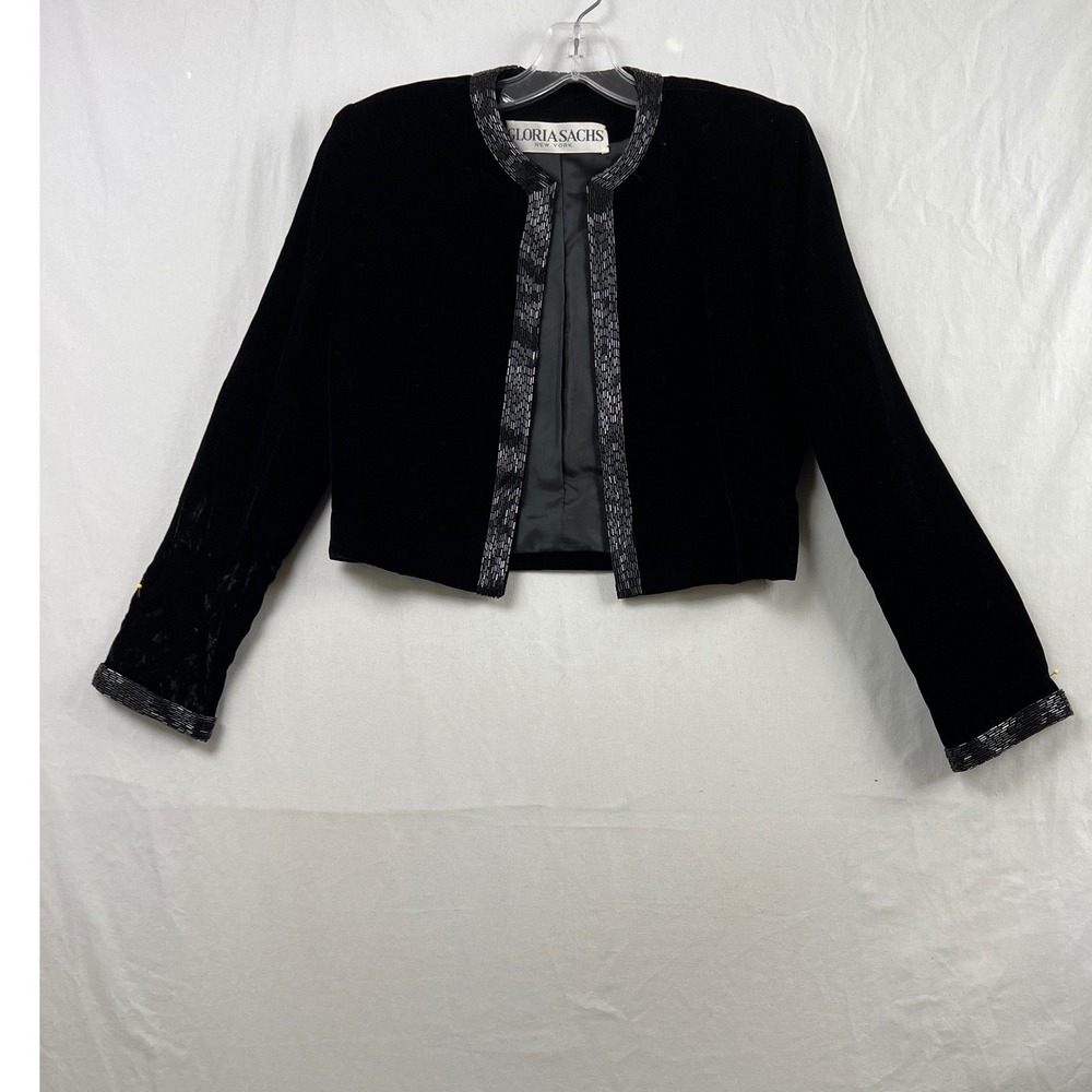 Vtg Gloria Sachs Velvet Cropped Jacket Womens 6 Black Beaded Trim Union made USA